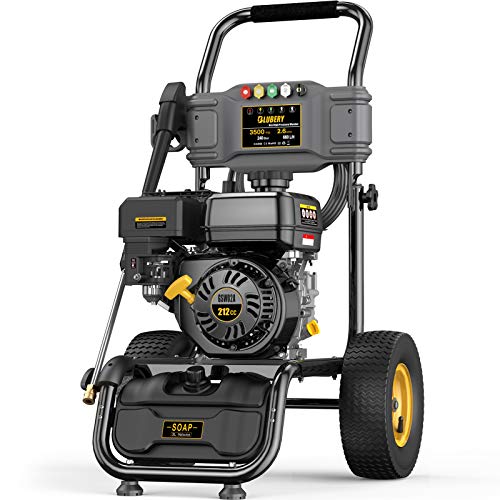 BLUBERY 3500PSI Gas Pressure Washer, 13'' Pneumatic Anti-Skid Tires, 50FT Hose&Soap Container, 2.6GPM 212CC Power Washer, 5 Adjustable Nozzles, CARB&EPA CERT