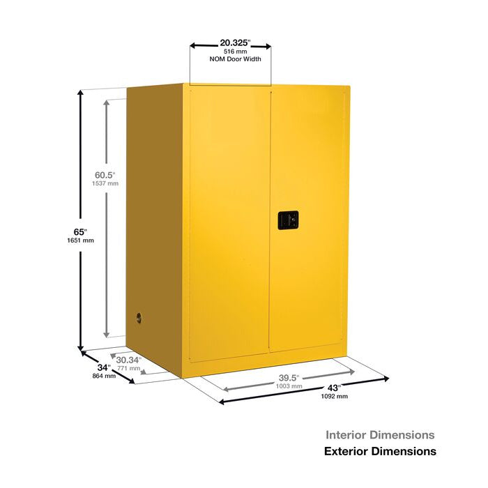 Justrite 90 Gallon Yellow Flammable Safety Cabinet, 1 Bi-Fold Self-Close Door - Sure-Grip