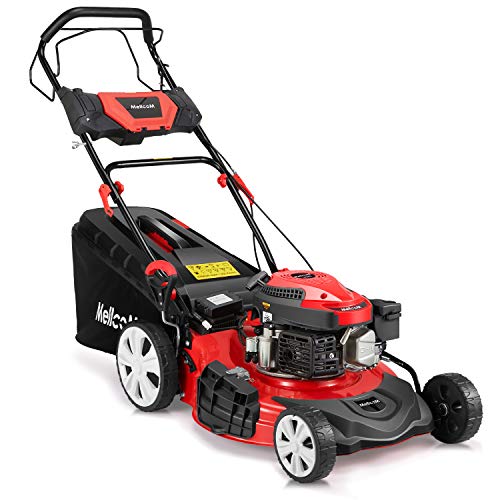Mellcom Gas Lawn Mower Electric Start 4-Cycle 173cc OHV 21-Inch Trimming Mower 4-in-1 Rear Wheel Drive Trimmer with 16 Gal Grass Box,8 Adjustable Mower Heights, Adjustable & Foldable Handlebars