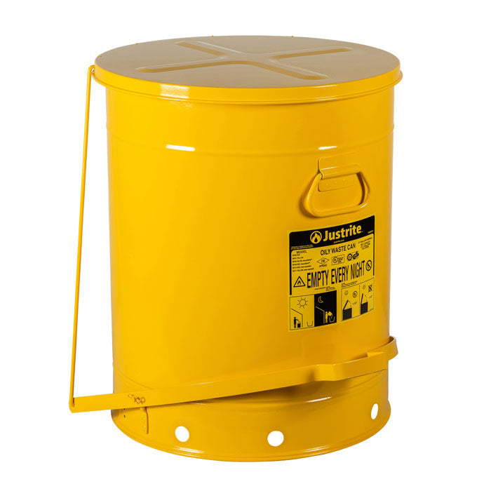 Justrite Oily Waste Can, 21 Gallon, Foot-Operated Self-Closing Cover, Yellow