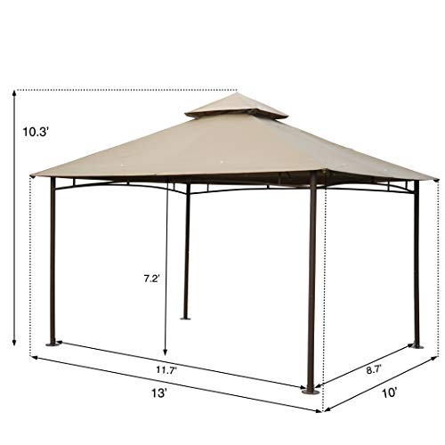 Kozyard Victoria 10ft x 13ft Double Roof Outdoor Garden Gazebo Vented Soft Polyester Canopy and Removable Netting (Dark Brown Frame/Beige Fabric)