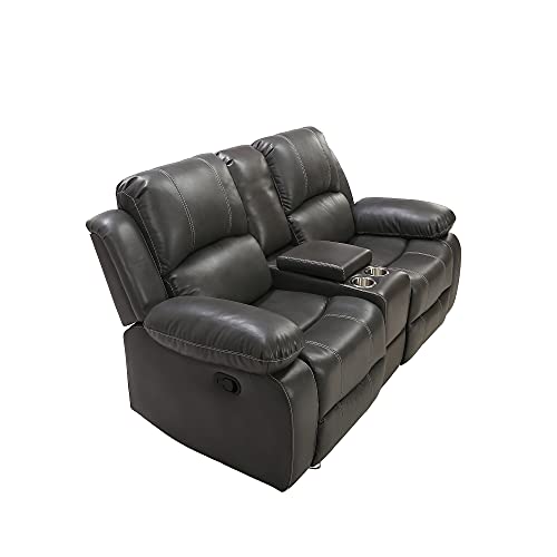Breathable Leather Manual Reclining Loveseat with Storage Console/Plastic Cup Holders, Grey
