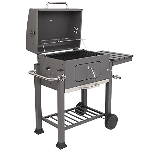 Charcoal Grill, with Plastic Wheel, Square Oven, Stainless Steel Camping Grill, Built-in Thermometer, Removable Ash Pan, for Parties, Camping Barbecue