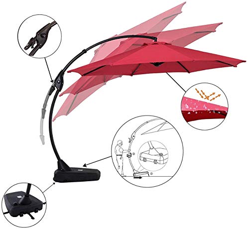 Grand Patio Deluxe NAPOLI 12 FT Curvy Aluminum Offset Umbrella, Patio Cantilever Umbrella with Base, Red