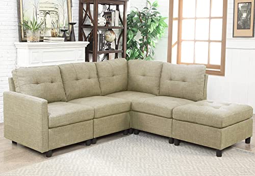 Sectional Sofa with Ottoman Reversible Sofa Couch Living Room Sofa Bed for Bedroom Home (Khaki Grey, 4 seat)