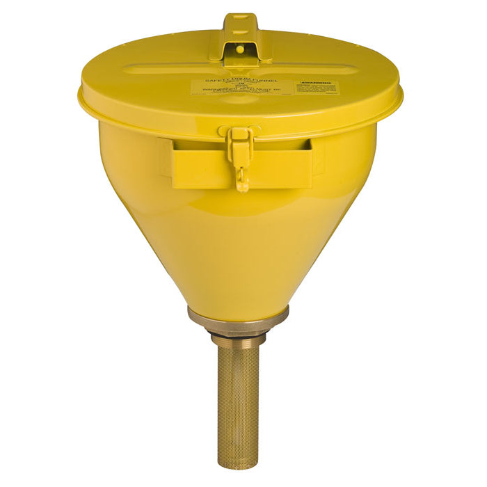 Justrite Large Steel Drum Funnel For Flammables, 152 Mm Flame Arrester, Self-Closing Cover, 2 Inch Bung, Yellow