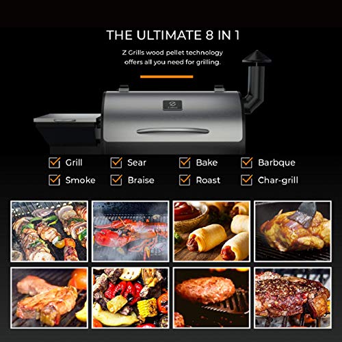 Z GRILLS ZPG-7002E 2020 Upgrade Wood Pellet Grill & Smoker, 8 in 1 BBQ Grill Auto Temperature Controls, inch Cooking Area, 700 sq, Silver