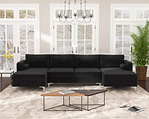 Harper&Bright Designs Sectional Sofa Set, Living Room Furniture Sofa Set, Modern Elegant Velvet Upholstered Couch with 2 Pillows (Black)
