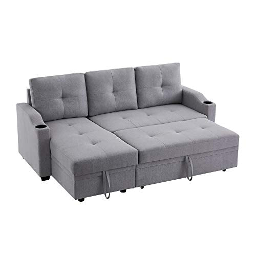 P PURLOVE Convertible Sectional Sofa, Modern Sleeper Sofa Bed, 3-Seater L-Shape Corner Couch, Pull Out Sleeper Sofa Bed with Pulley, with Storage Chaise and Two Cup Holders, Gray