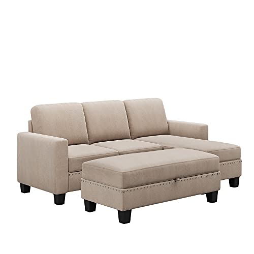 STARTO 81 Inch Nailheaded Textured Fabric 3 Pieces Living Room Sofa Set, L Sectional Couch with Ottoman, Reversible Storage Chaise, 81.153.135