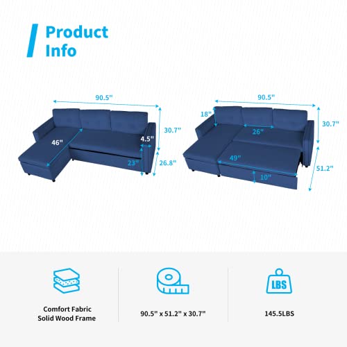 Muzz Couch Bed Sleeper Sofa Couches Pull Out Couch Small Couch Reversible Sleeper Sectional Sofa with Storage Chaise and Pocket (Navy Blue)