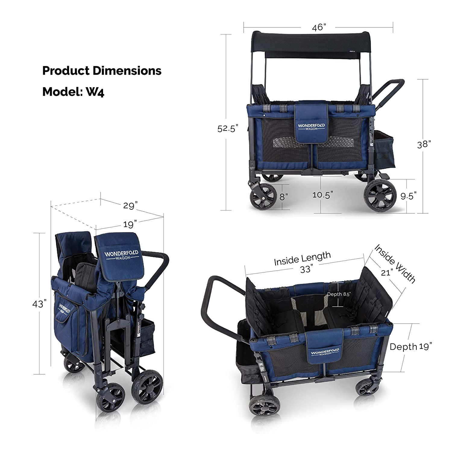 WonderFold W4 Elite Push/Pull 4-Passenger Quad Stroller Wagon Navy New