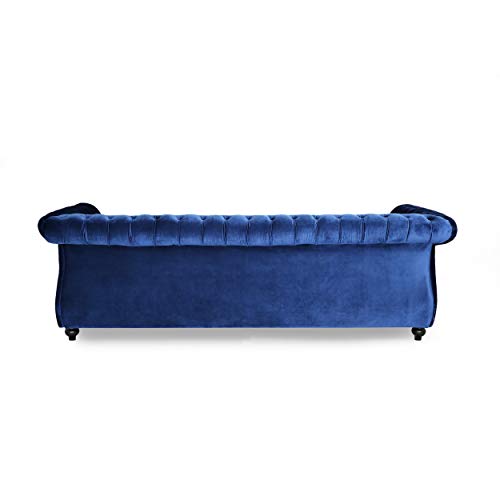 Christopher Knight Home Vita Tufted Microfiber Sofa with Scroll Arms, Navy Blue, Dark Brown