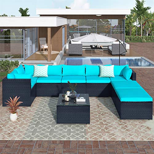 Harper & Bright Designs 9 PCS Patio Furniture Set, Outdoor Sectional Sofa Sets Wicker Conversation Set with Coffee Table, Ottoman Seat Cushions for Backyard, Garden, Poolside, Blue