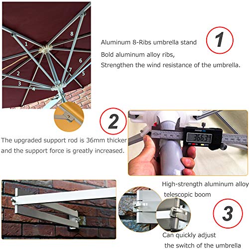 HLMBQ Large Garden Parasol 2.2m/7.2ft Round Wall Mount Patio Umbrella,Cantilever Parasol Aluminium Frame Polyester Canopy Sunshade Protection Folding Tilting