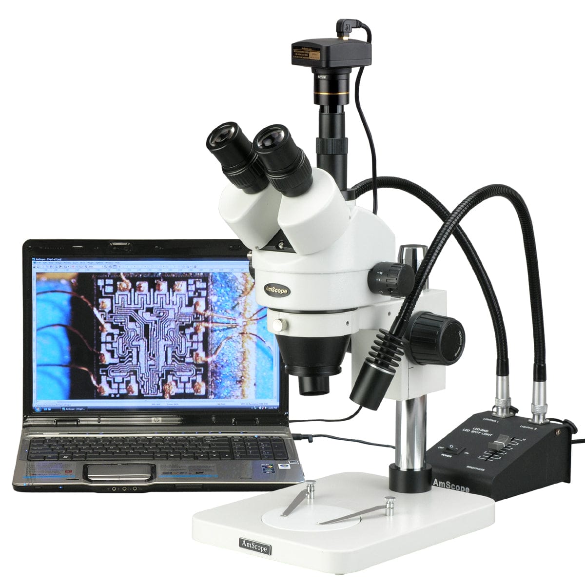 Amscope SM-1TSW2-L6W 3.5X - 225X Trinocular Inspection Zoom Stereo Microscope with Gooseneck LED Lights New