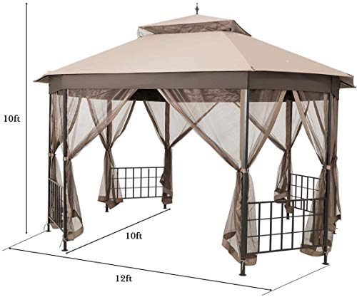 Moccha 10 x 12 Ft Heavy Duty Octagonal Canopy Tent Patio Gazebo with Netting Sidewalls and Sturdy Steel Frame, Double Roof Vented Gazebo Canopy Shelter for Party, BBQ, Backyard, Event, Family, Brown