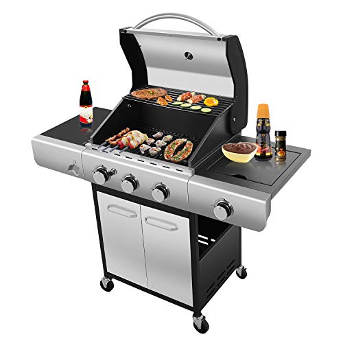R.W.FLAME 34000 BTU Liquid Propane Grill with 3-Burner,Temperature Display, Bottle Opener, Side Burner, Cart Grills, Stainless Steel Gas BBQ Wagon