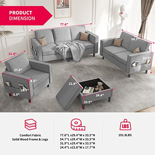 MUZZ Sectional Sofa Set - Sectional Couch with Storage Ottoman and Pockets, Convertible Sofa Couch for Living Room, Living Room Furniture Set, Sofa + Loveseat + Chair + Ottoman (Light Grey)