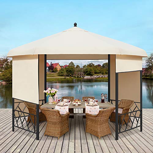 AVAWING 11.5' Hexagonal Gazebo, Outdoor Canopy Gazebo Roof Patio Gazebo Steel Frame Pavilion with Lift Shade Curtains for Garden,Patio,Party, Beige