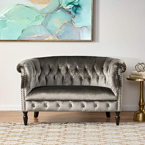 Christopher Knight Home Milani Tufted Scroll Arm Velvet Loveseat, Grey / Dark Brown