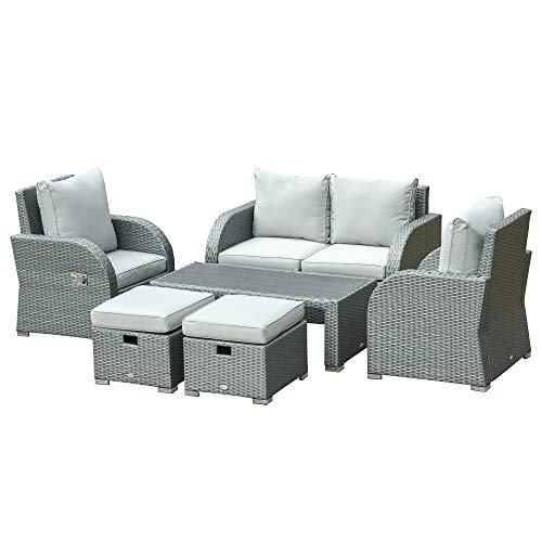 Outsunny 6-PCs Outdoor Rattan Wicker Sofa Set Angle Adjustable Recline Single Chair Conversation Set, Ottomans, w/Gas Spring & Soft Washable Cushions, Grey