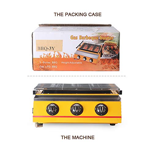 ITOPKITCHEN 3 Burners Gas BBQ Grill Barbecue Adjustable Height 3 Minutes to 400 Degrees Outdoor Camping Stove (Glass, Yellow)