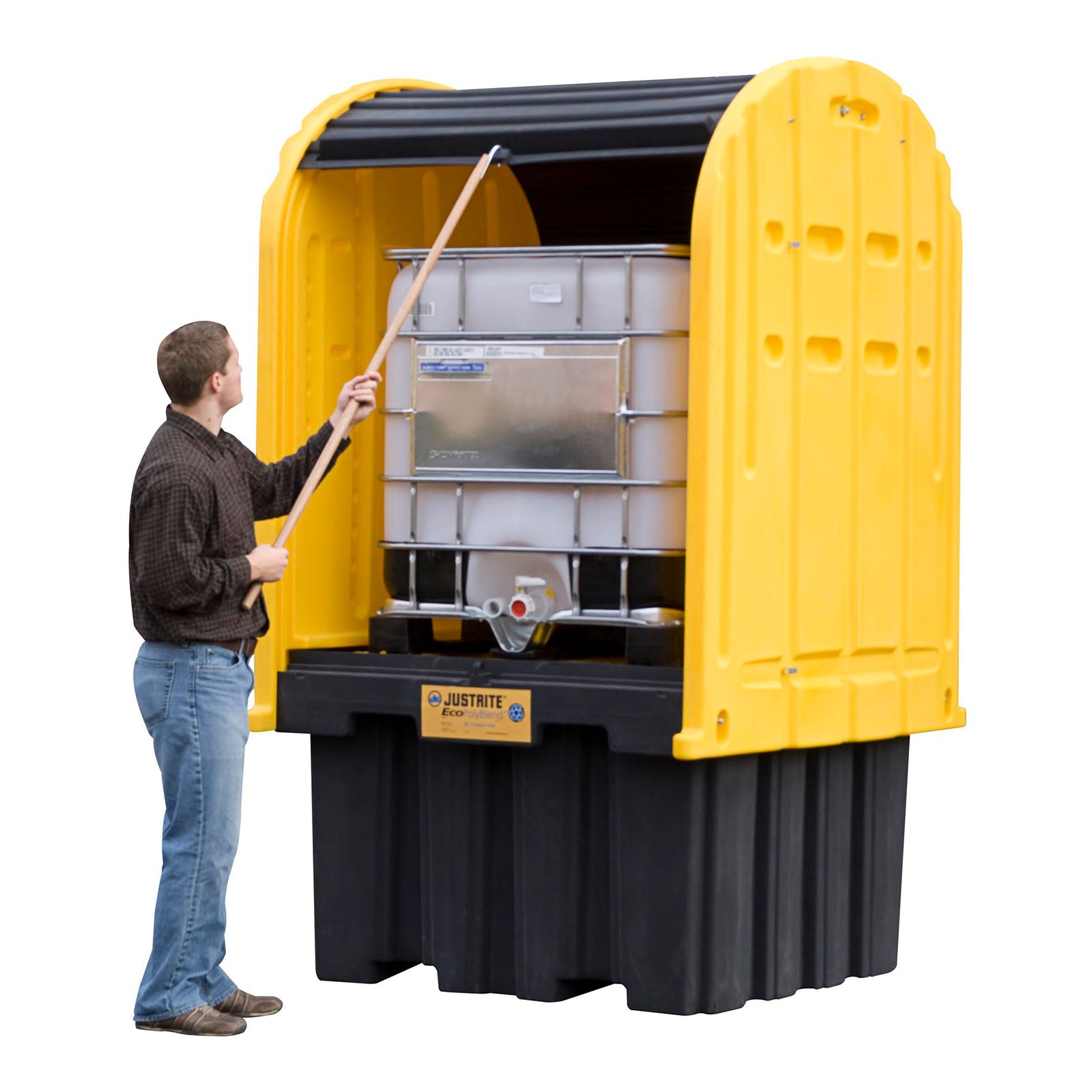 Justrite EcoPolyBlend™ IBC Outdoor Shed with Pallet, Forklift Pockets, Rolltop Doors, Recycled Polyethylene