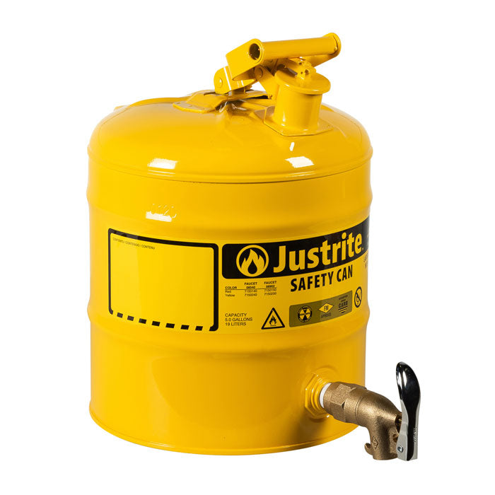 Justrite 5 Gallon Steel Safety Can For Laboratories, Type I, Rigid Bottom Brass Faucet