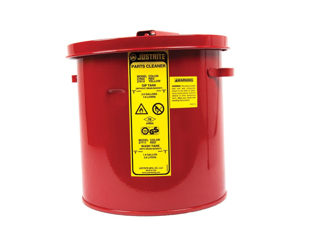 Justrite 1 Gallon, Wash Tank with Basket for Small Parts Cleaning, Self-Close Cover with Fusible Link, Steel