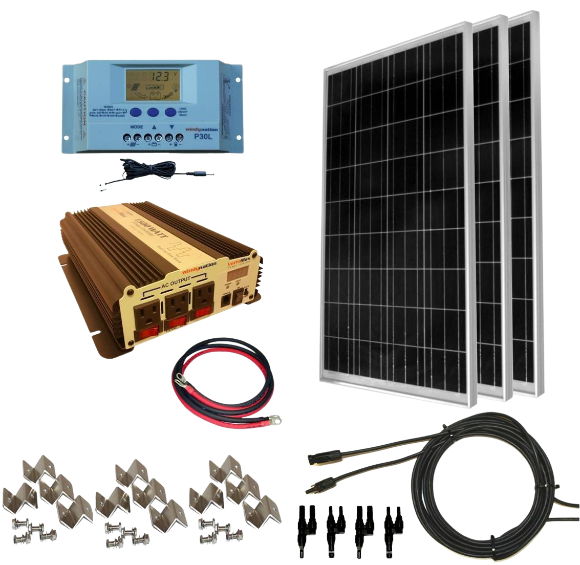 WindyNation SOK-300WPI-15 Complete 300 Watt Solar Panel Kit with 1500W VertaMax Power Inverter for 12 Volt Battery Systems New