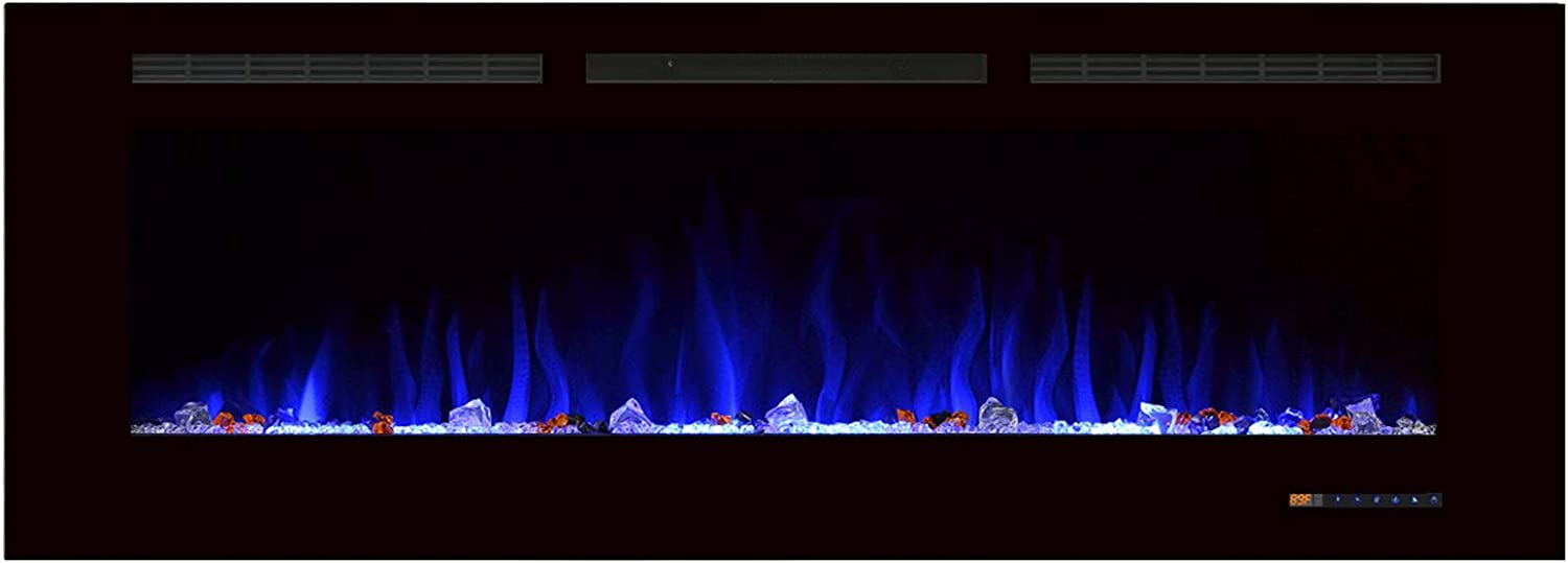 Valuxhome BI60 60 in. 750/1500W Recessed and Wall Mounted Electric Fireplace with Remote LED Lights Logs and Crystals Black New