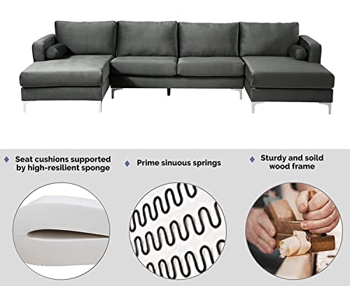 GAOPAN Modern Stylish Elegant Velvet Upholstered Sectional Sofa with Two Pillows, Home Villa Living Room Furniture Set U-Shape Symmetrical 4 Seaters Couch W/Double Wide Chaise Lounge,Black