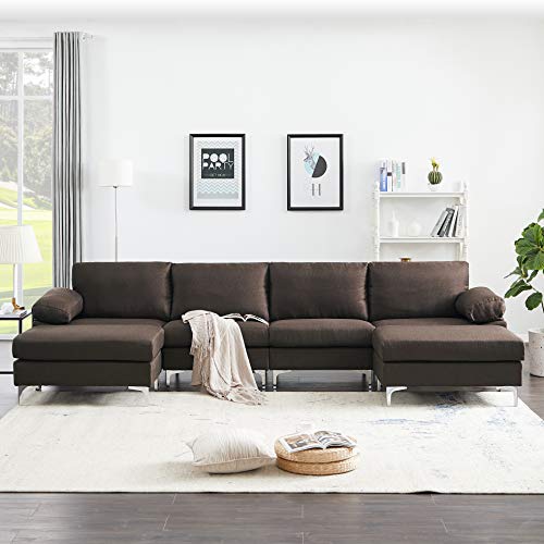 STARTO Modern U-Shaped Convertible Sectional Sofa Set, Reversible Linen Fabric Home Couch Furniture Extra Wide Chaise Lounge with Movable Ottomans for Living Room, Brown