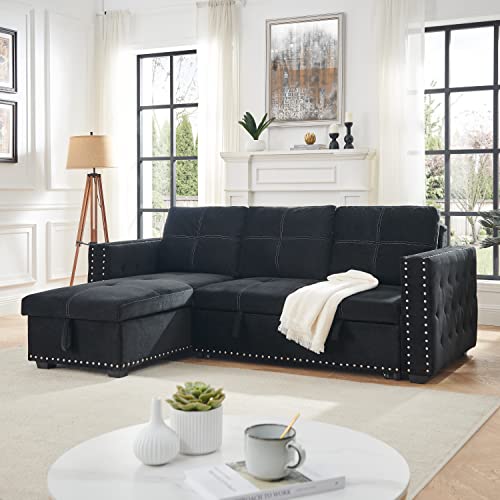 ATY Reversible Sectional Sofa with Storage Chaise, L-Shaped Sleeper Couch with Pulled Out Bed and Button Tufted Copper Nail Head Trim, Save Space, 91