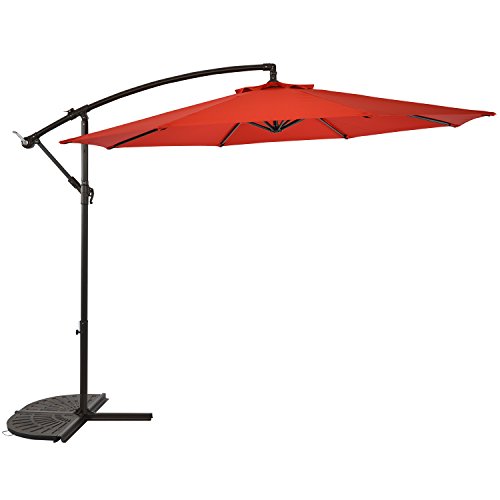 Sun-Ray 811045 10' Round Cantilever 8-Rib Offset Solar Patio Umbrella, 24 LED Lights, Crank with Adjustable Tilt, Cross Base, Aluminum Frame, Scarlet/Red