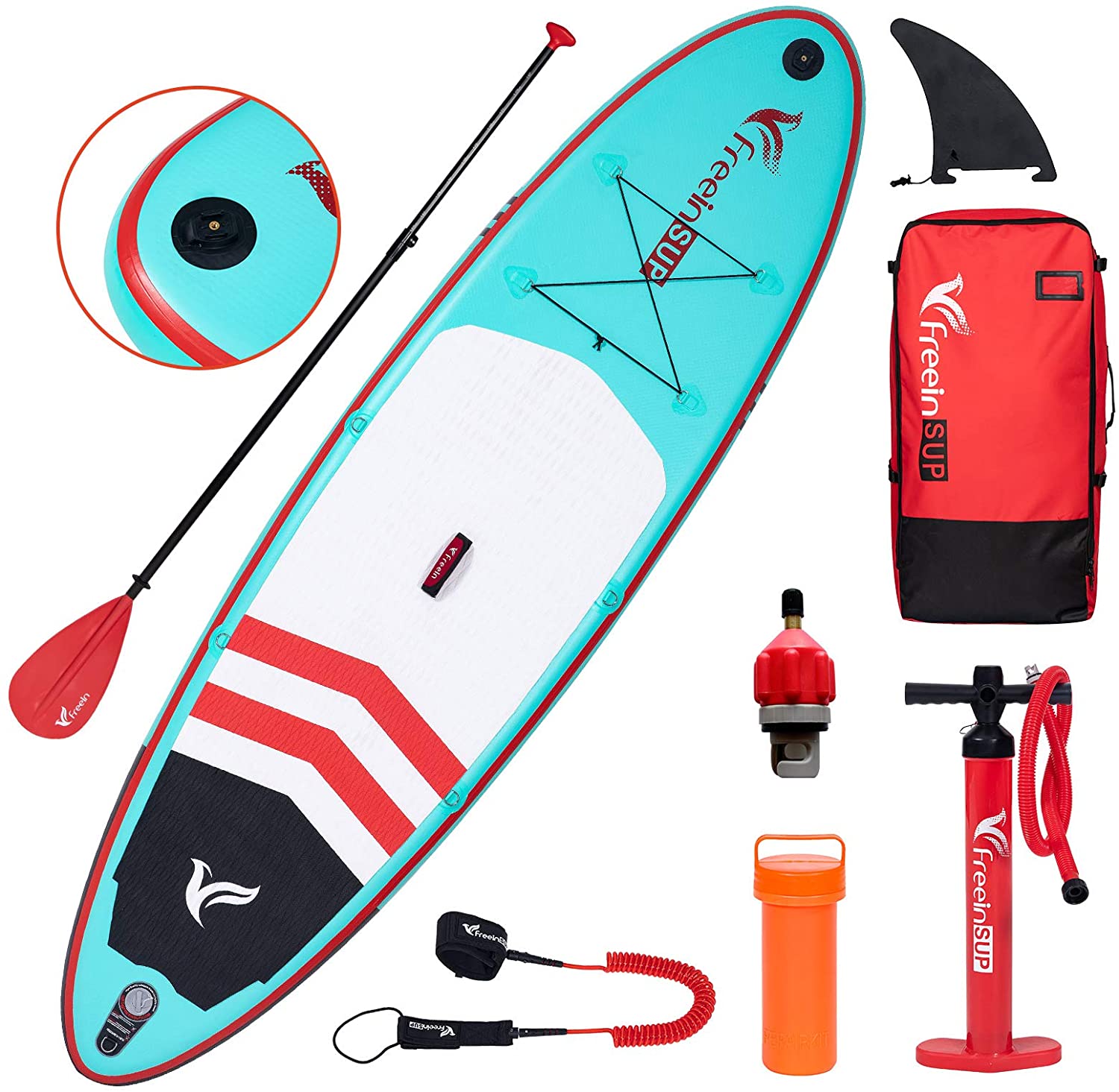 Freein 10' Inflatable Ocean SUP Stand Up Paddle Board Package Dual Action Pump Camera Mount Aqua New