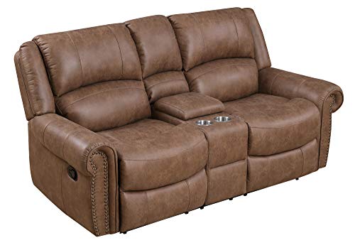 Madrona Burke Nova Brown Console Loveseat with Dual Recliners, Center Storage, and Cupholders