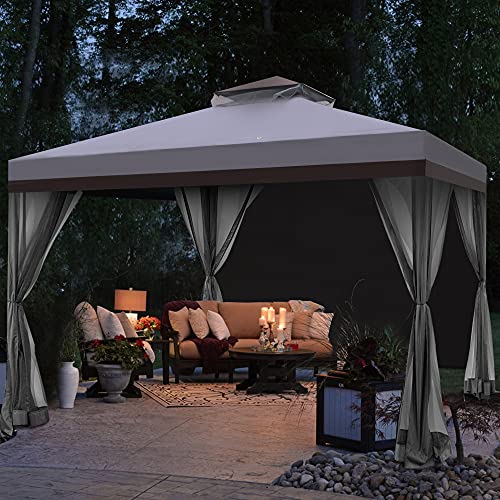 Hofzelt Ocala 10 x 10 Ft Gazebo Double Tier Patio Canopy Steel Frame with 4 Side Mosquito Netting and One Side Curtain (Dark Grey)
