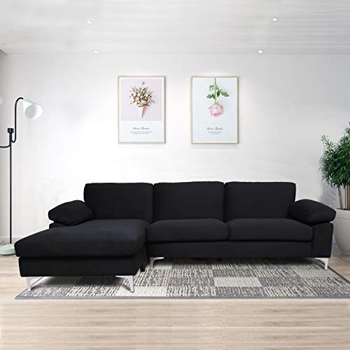 STARTO Upholstered Modern Sectional Sofa Furniture Set for Living Room Velvet L Shaped Chaise 3 Seat Sofá Corner Couch with Metal Leg Left Hand Facing, Black