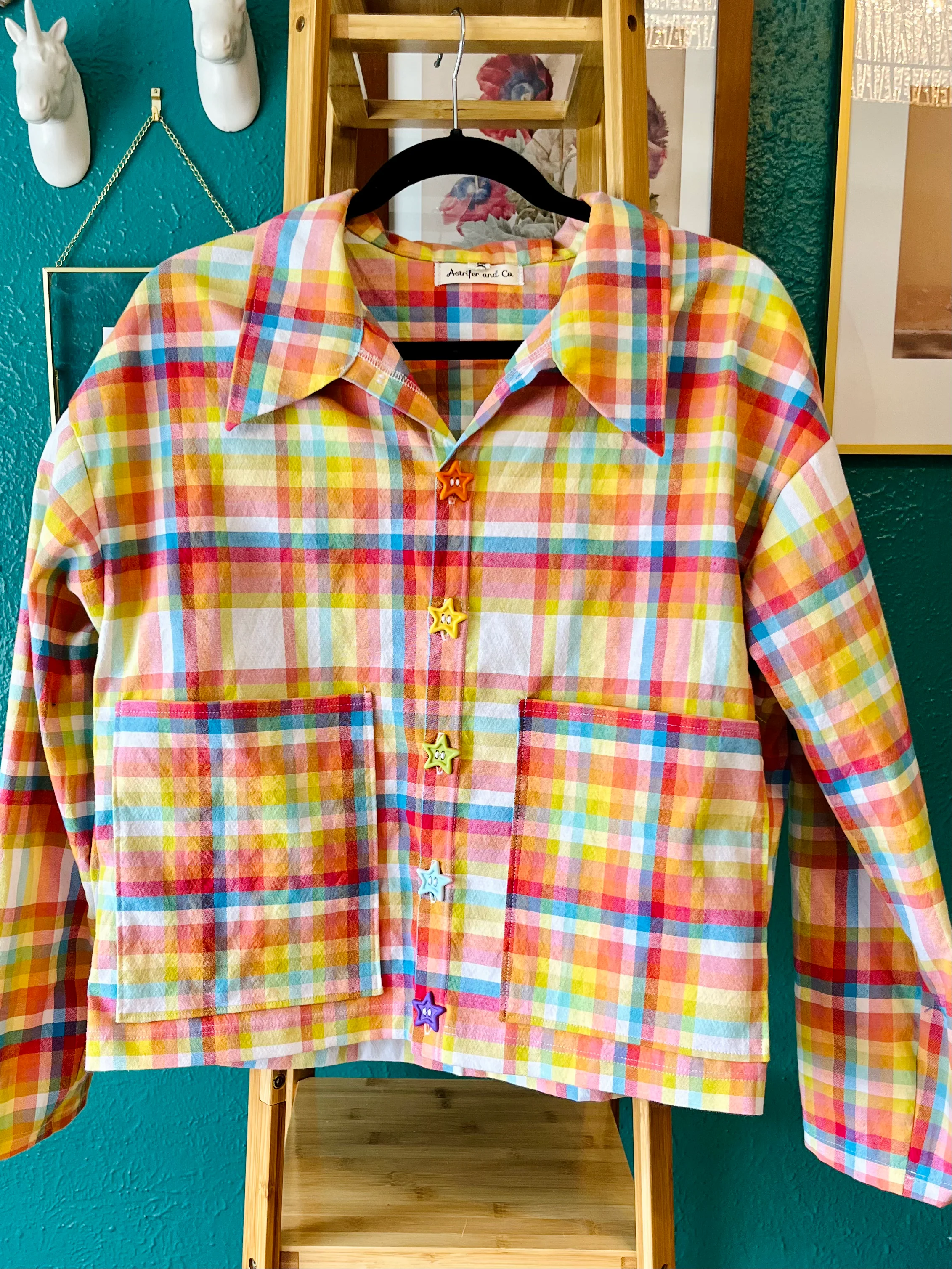 Tablecloth Jacket in Rainbow Plaid and Stars - (Size XL - Slouchy)