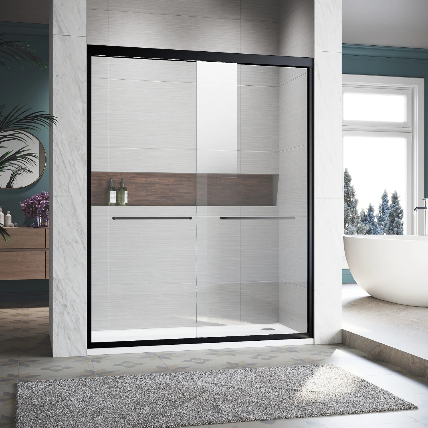 Sliding Shower Glass Door 56-60 in. W x 72 in. H  Adjustable Semi Frameless Shower Door  Certified Thick Clear Clear Tempered Glass  304 Stainless Steel Handles  Black Finish