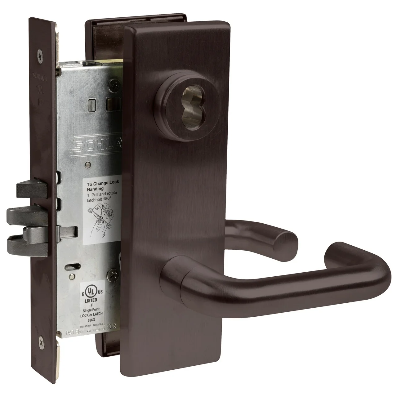 Schlage L9050J 03N 613 Grade 1 Entrance Office Mortise Lock Schlage FSIC Less Core 03 Lever N Escutcheon Dark Oxidized Satin Bronze Oil Rubbed Finish Field Reversible