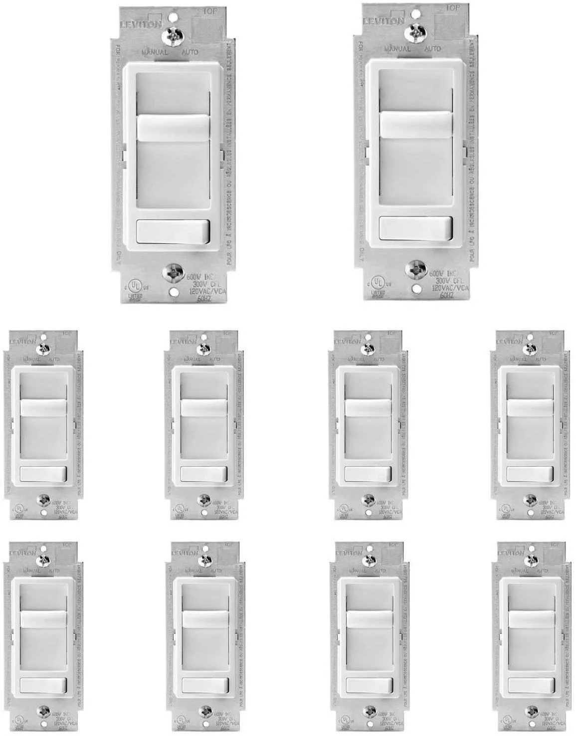 Leviton 6674-P0W SureSlide Universal 150-Watt LED and CFL/600-Watt Incandescent Dimmer, White, 10 Pack