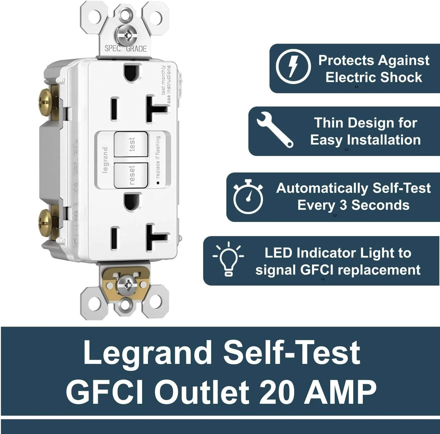 Legrand - Pass & Seymour Radiant Self-Test GFCI Outlet, White GFCI Outlet, GFCI Outlet 20 Amp, Tamper-Resistant GFCI Outlet, 2097TRWCCD12, 1 Count