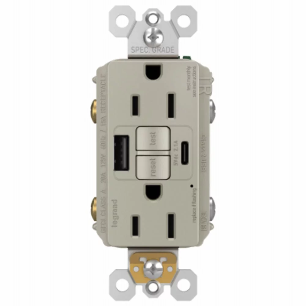 Legrand 1597TRUSBACNIC4 Radiant Self-Test GFCI USB Type-A/C Outlet, 15 Amp, Each