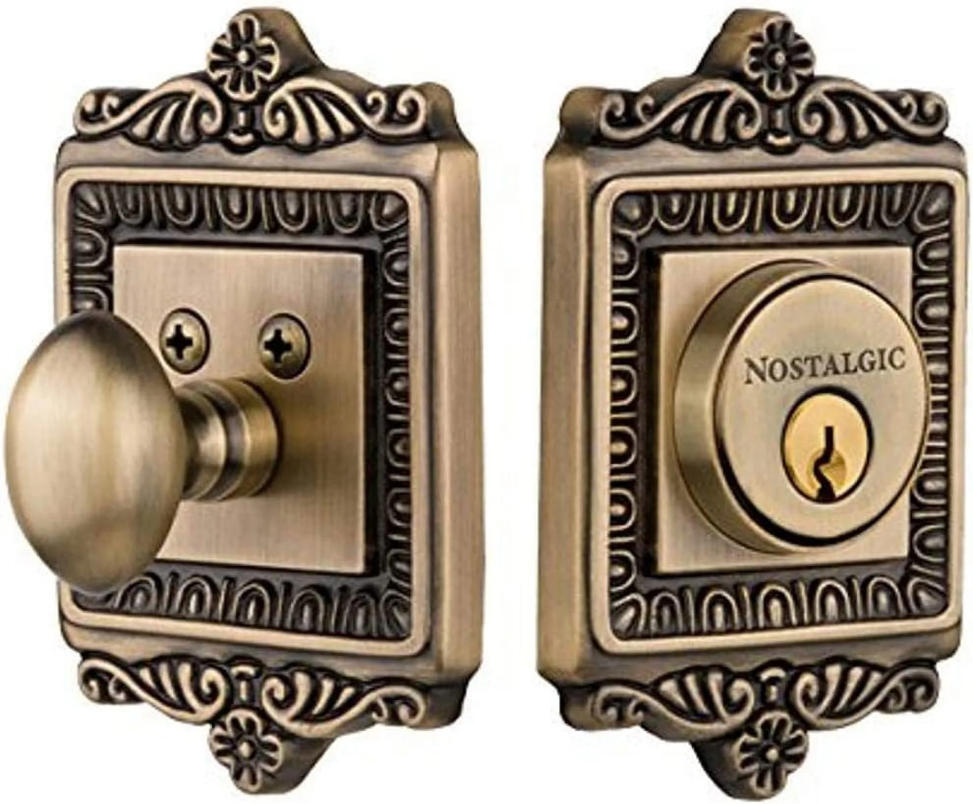 GOURE Warehouse 726067 Egg & Dart Plate Single Cylinder Deadbolt Egg & Dart Door Knob in Antique Brass, Keyed Alike