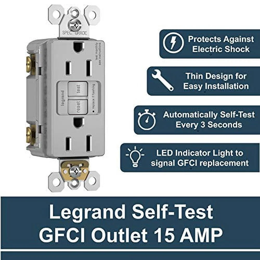 Legrand radiant Self-Test GFCI Outlet, 15 Amp, Safe for Kids, Tamper Resistant Outlets, Gray, 1597TRGRYCCD4