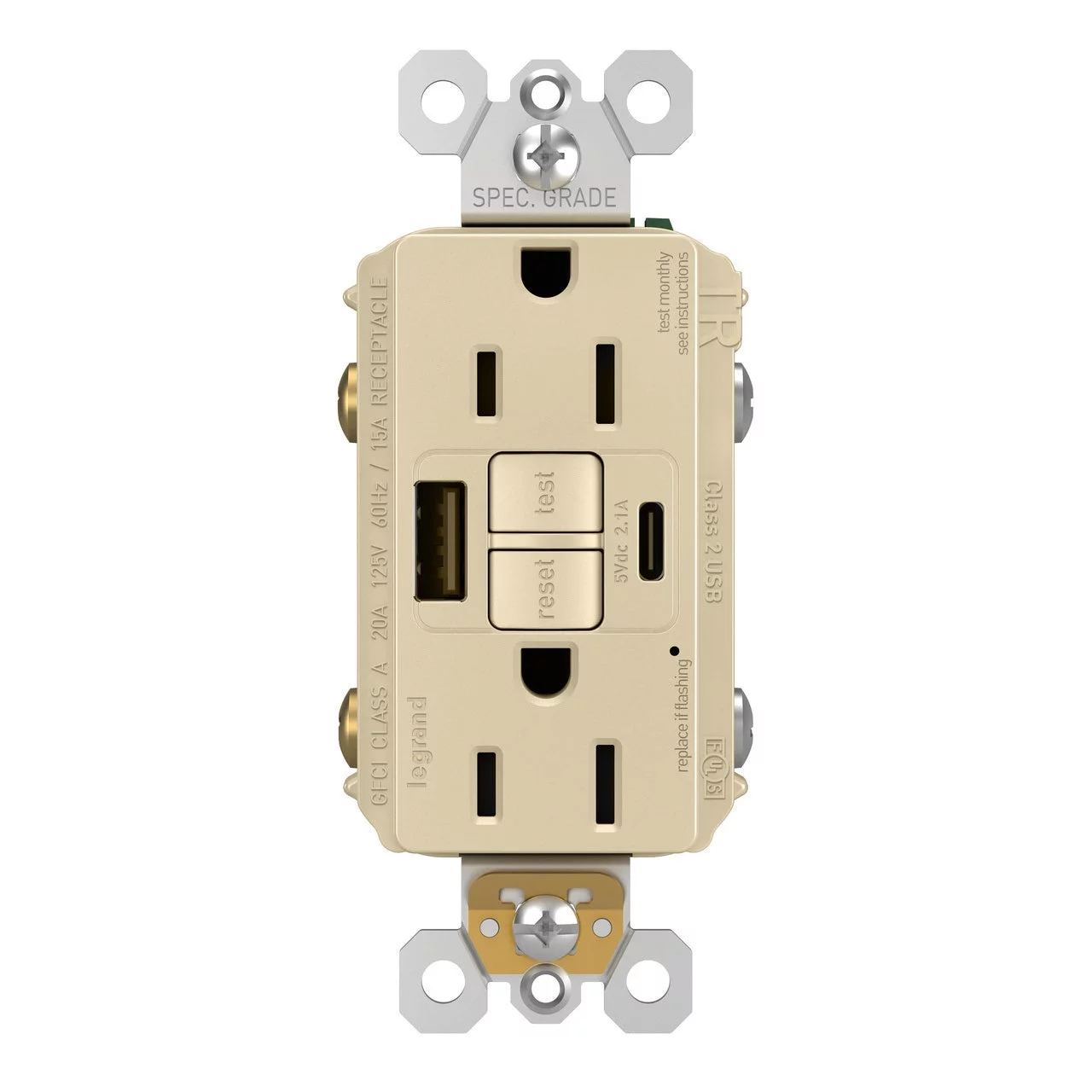 Legrand 1597TRUSBACI Radiant Tamper-Resistant Self-Test GFCI USB Outlet, 15 Amp, Each