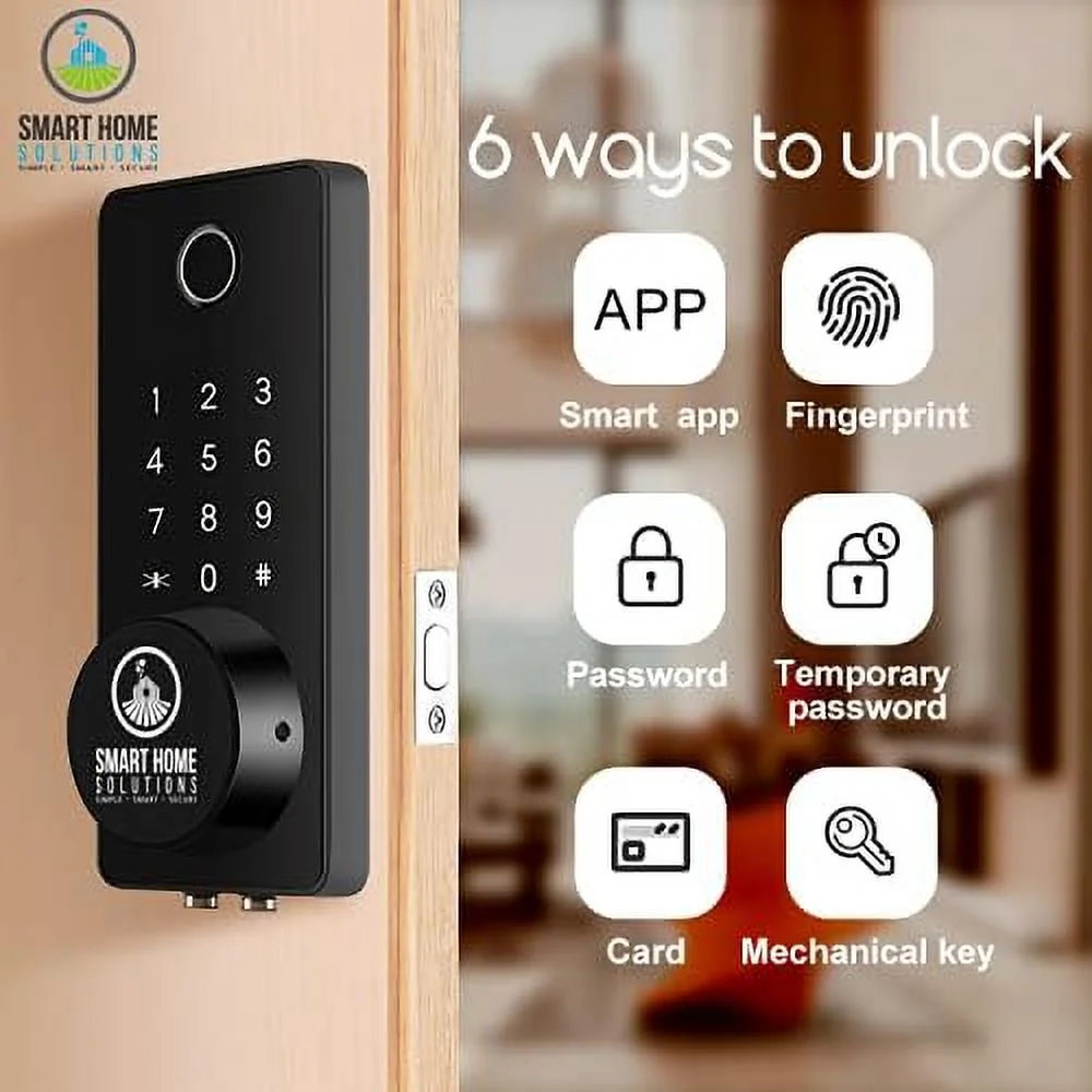 Biometric Fingerprint Smart Home Solutions WiFi Door Lock, DIY, Electric Deadbolt 2.4GHz, RFID Fob, Password, Remote Connected (Flat), Top Security for Home & Office, Black
